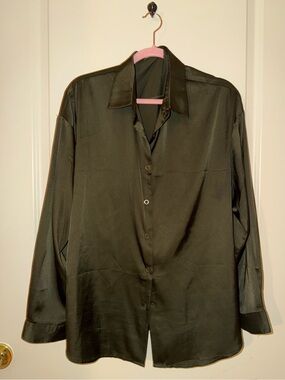 Green/ Army Green Chigant Silky Satin Button-Up Blouse Size XL